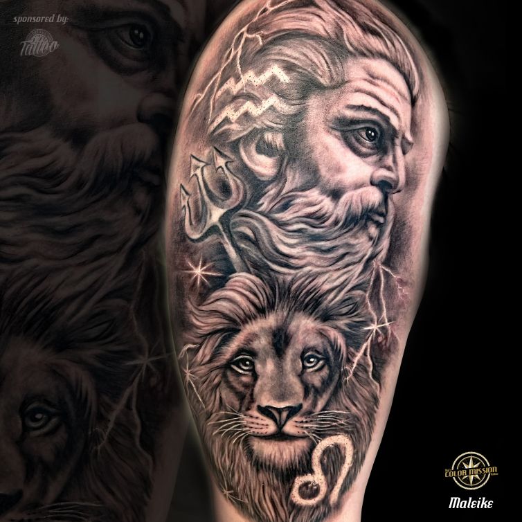 Black and Gray Wassermann&Löwe_Quadrat_tattoo_by_Maleike Kopie